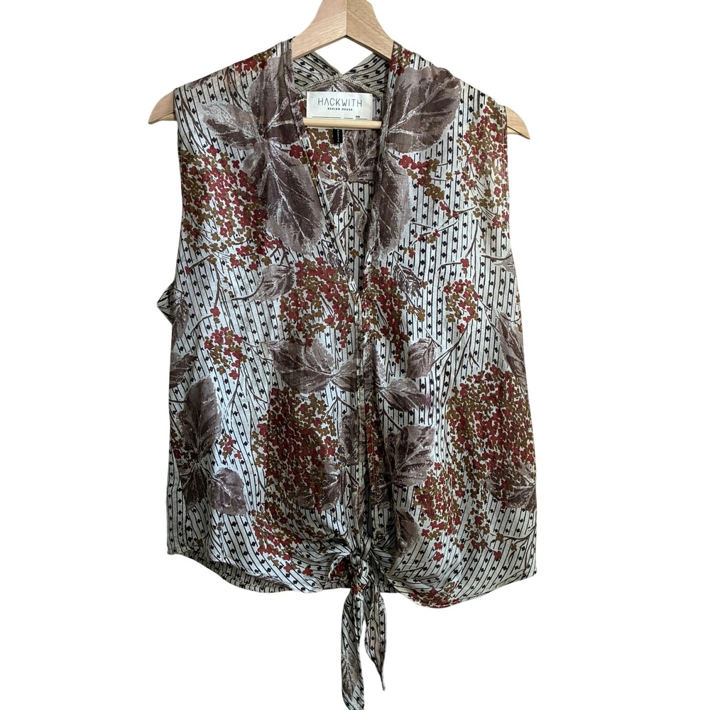 Hackwith Design House Tie Front Floral Blouse Small Brown Red Womens Sleeveless